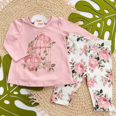  Inverno 2025 - Conj. Blusa Gaiola e Calça Legging Floral - Off White e Rose